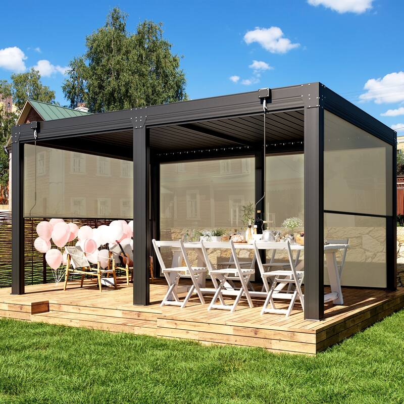 EROMMY Outdoor Louvered Pergola Gazebo with Adjustable Aluminum Rainproof Roof and Pull-Down Screen - 12' x 16' - Grey