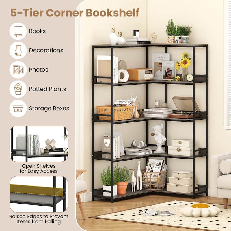 Costway Corner Bookshelf 5-Tier L-Shaped Bookcase 71" Tall Etagere - See Details