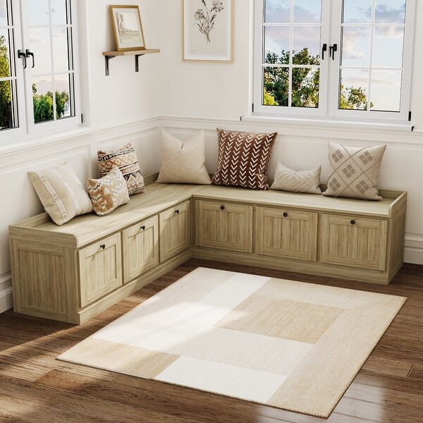 Oak L-Shaped Storage Bench Seat, Hidden Flip-Up Storage, Space