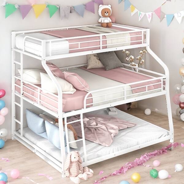 slide 2 of 10, Twin XL/Full XL/Queen Triple Bunk Bed with Ladder & Guardrails,White White - Full