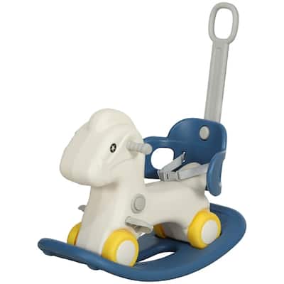 4 in 1 Blue Rocking Horse Push Car and Ride on Toy for Kids with Detachable Handle and Balance Board for Ages 1 to 5 Years