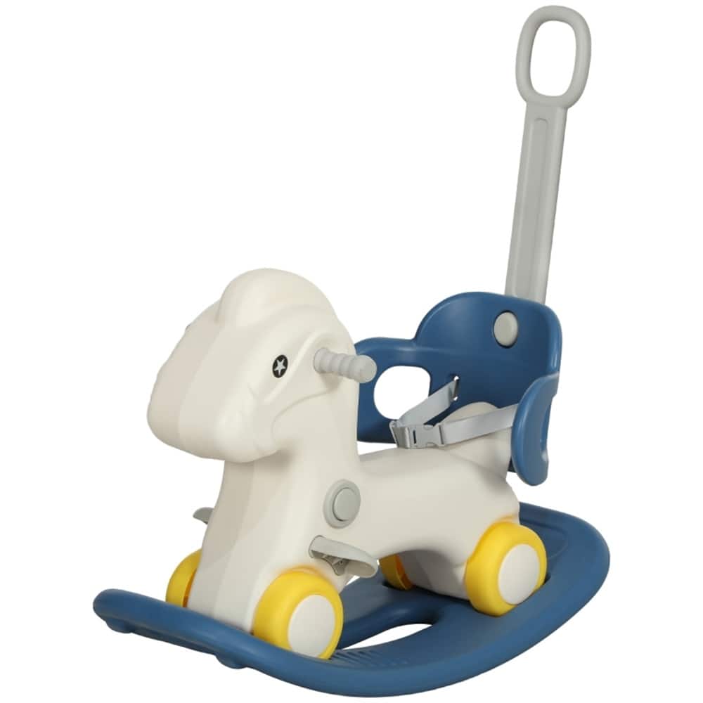 4 in 1 Blue Rocking Horse Push Car and Ride on Toy for Kids with Detachable Handle and Balance Board for Ages 1 to 5 Years