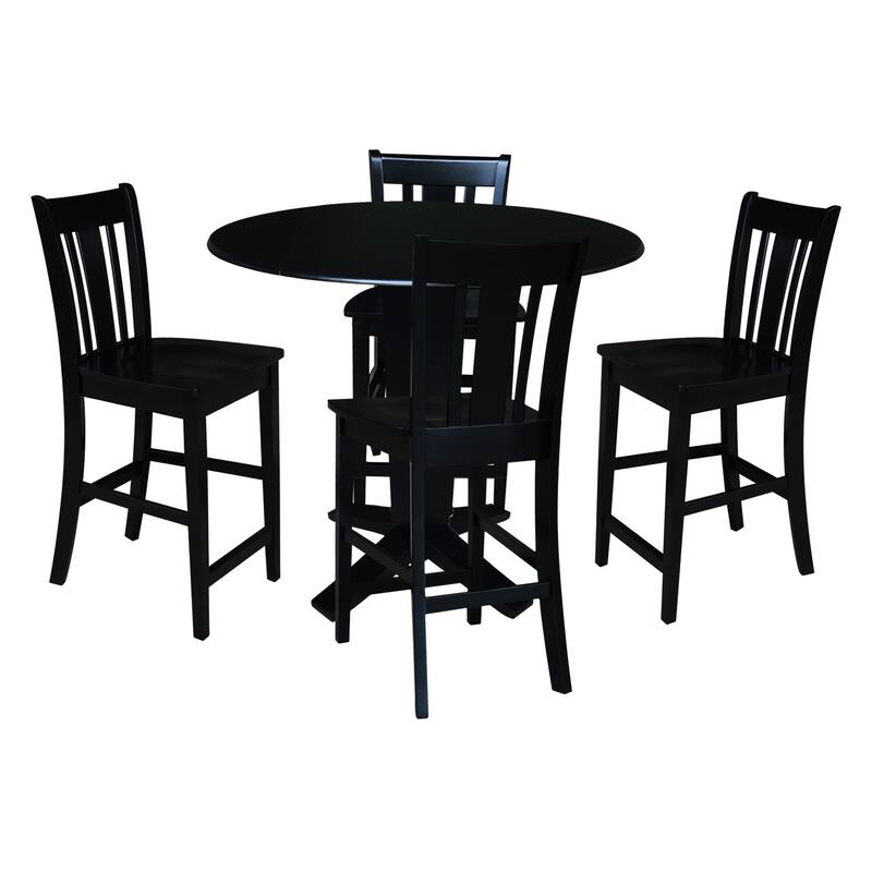 42 in Solid Wood Round Drop Leaf Counter Height Dining Table with Stools in Black - 5-Piece