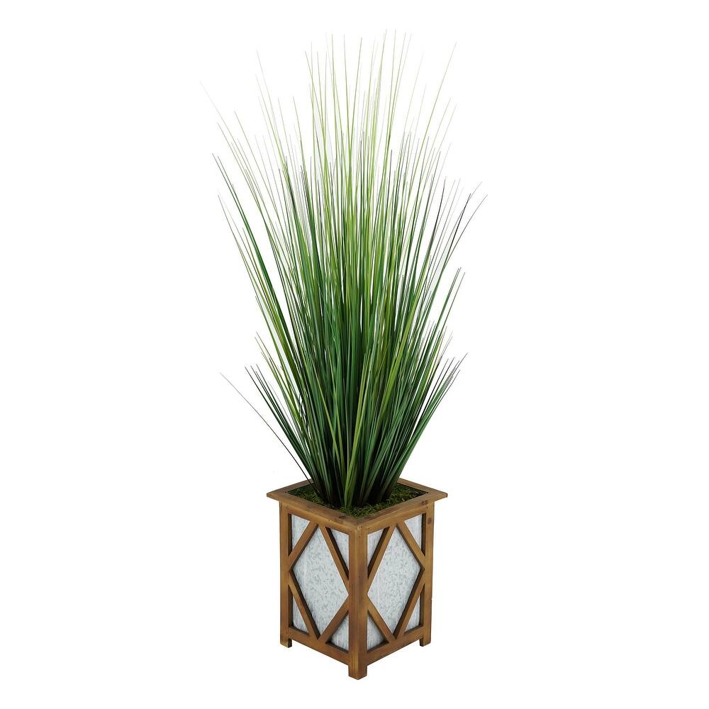 Faux PVC Grass in Short Wood/ Metal Planter