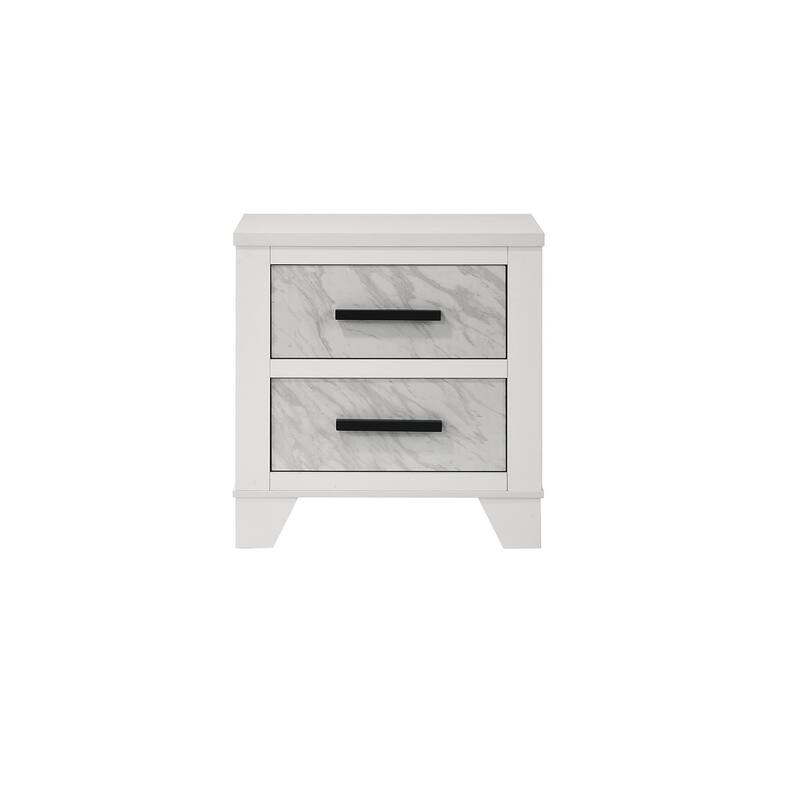 White Nightstand with Black Bar Pulls and Faux Marble Insert - White