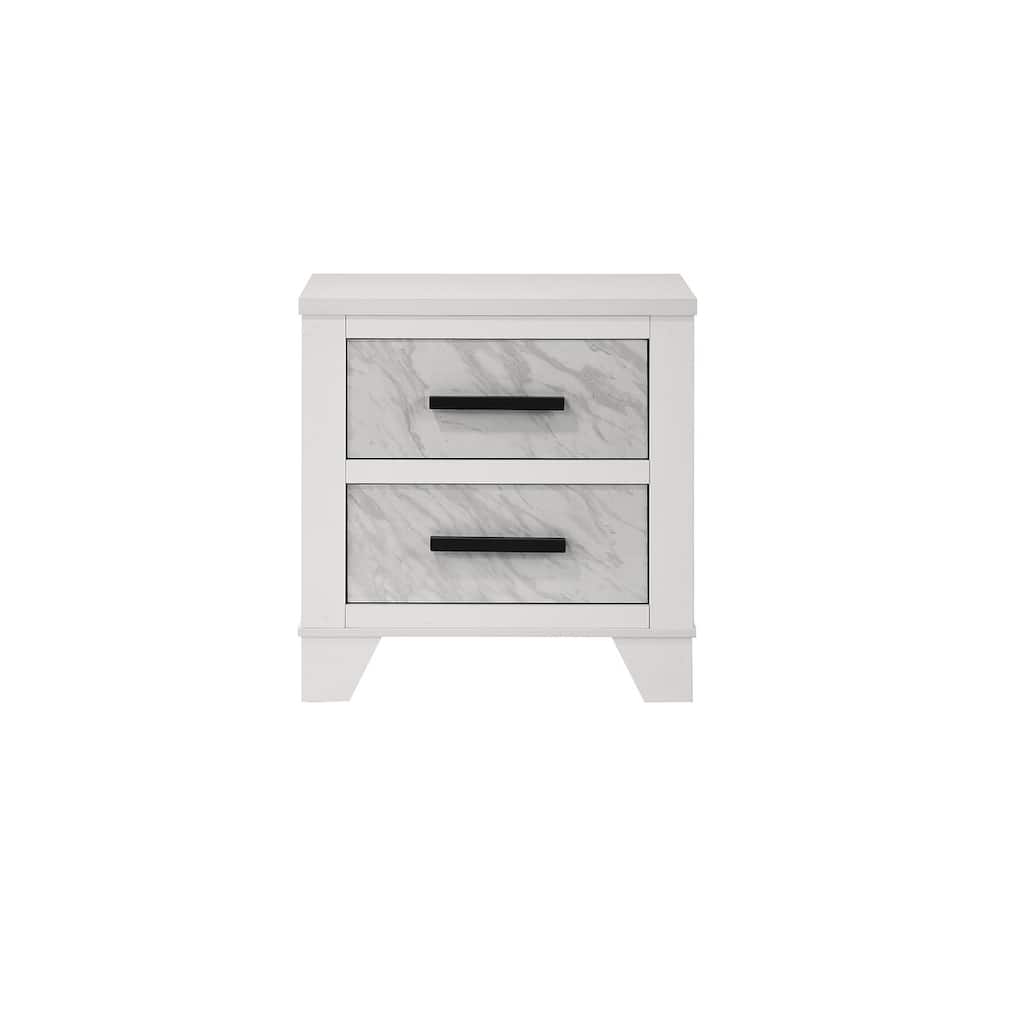 White Nightstand with Black Bar Pulls and Faux Marble Insert