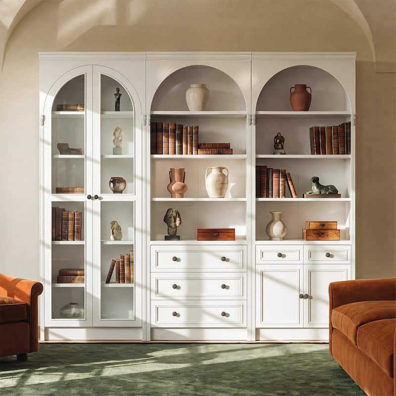 Modular White Bookcase with LED Lights & Glass Doors, 86.6" Tall Arched Display Cabinet Solid WoodStorage Cabinet