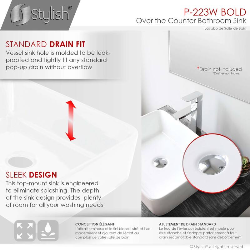 STYLISH Porcelain Rectangular 18 3/4-inches Top Mounted Ceramic Vessel Bathroom Sink - 18.75" x 14.5" x 5.25"