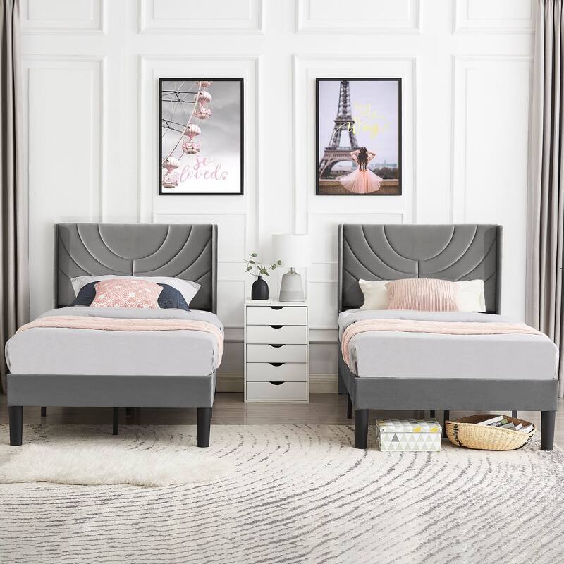 Kids Bed Frame, Height Adjustable Upholstered Bed, Twin Size Bed Set of 2 - Grey
