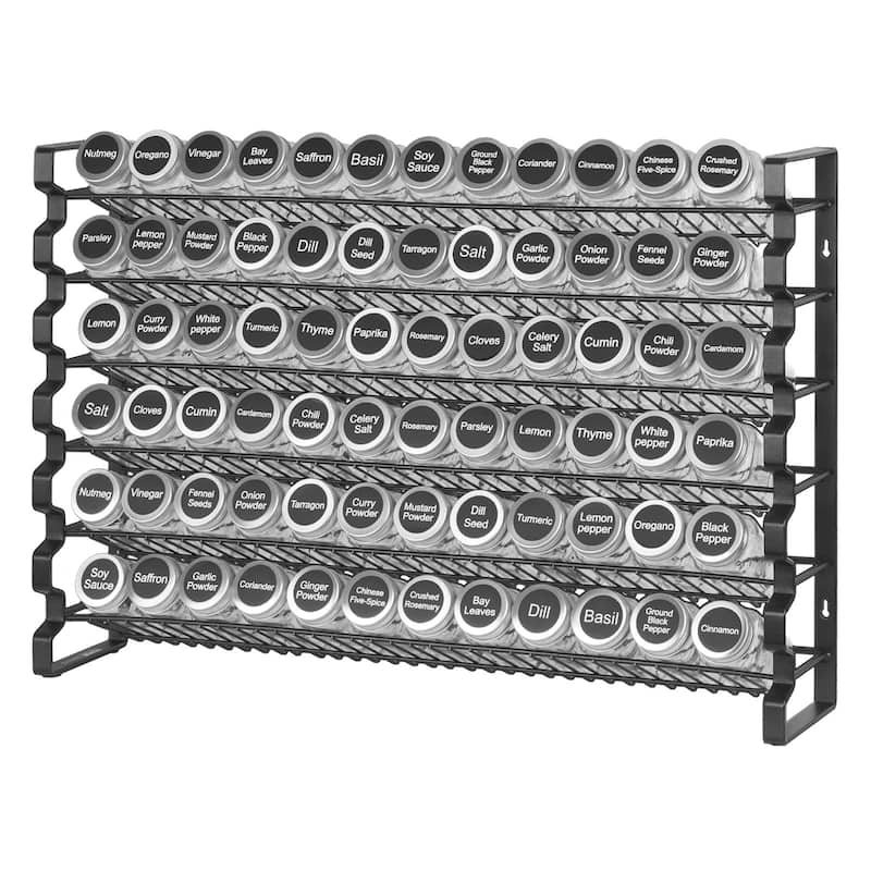 Black Steel Spice Rack with Glass Jars and Wall Mount Option