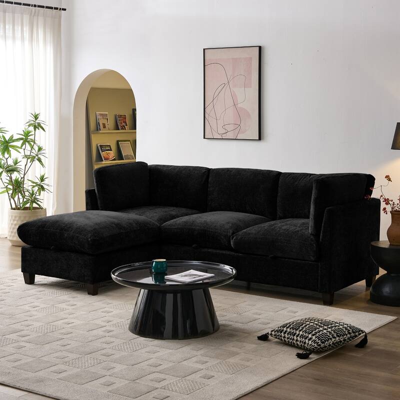 96.5" L-Shaped Chenille Sectional Sofa with Storage and Movable Ottoman
