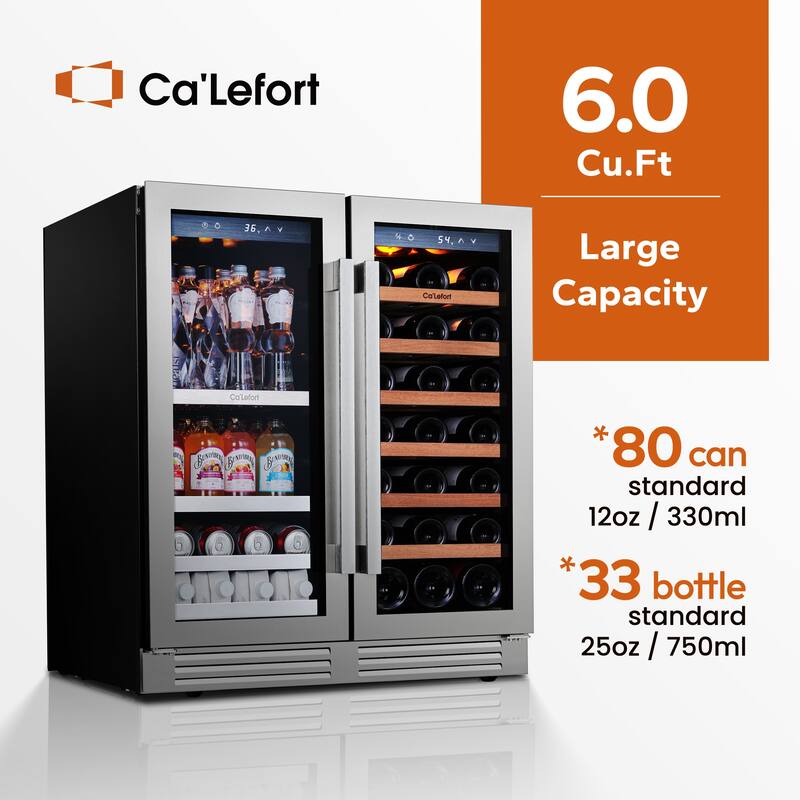 30 in. Beverage & Wine Cooler Dual Zone, 33-Bottles and 80 Cans Built-in Fridge with French Door