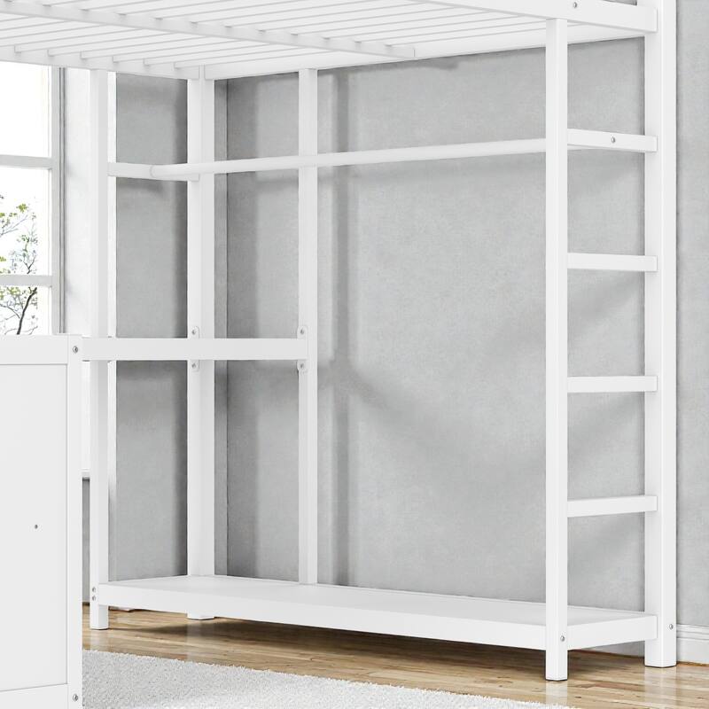 Metal Loft Bed with Wardrobe and L-Shaped Desk, Storage Cubes and Shelves, Space Saving Loft Bed for Teens