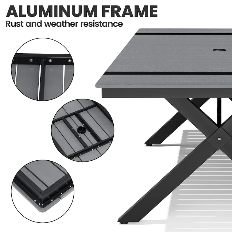Outdoor Patio Aluminum Dining Rectangular Table with Umbrella Hole