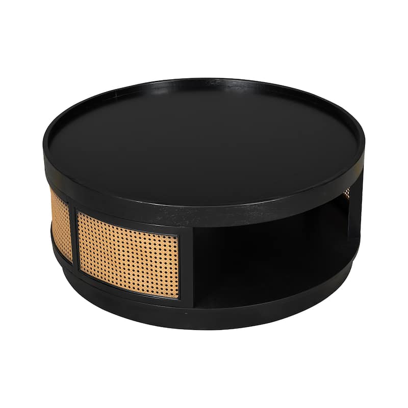 36.8" Wooden Mid-Century Modern Coffee Table with Storage, Round Cane Coffee Table with PE Rattan Side for Living Room