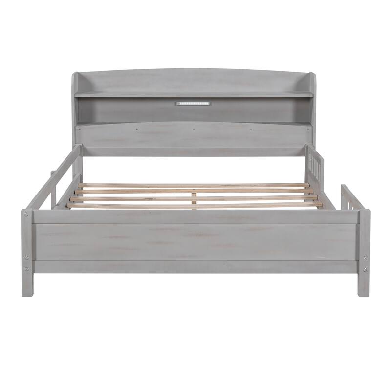 Multifunctional Wood Platform Bed, Twin/Full with LED Headboard Light & Storage