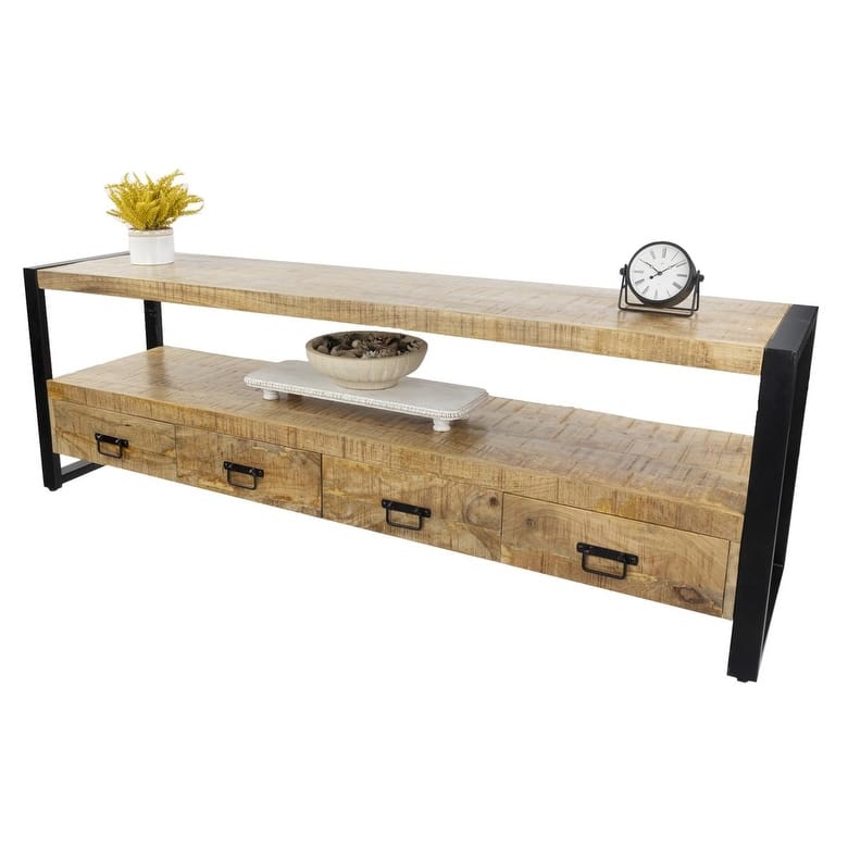 71" Solid Mango Wood Industrial TV Stand with Storage Drawers