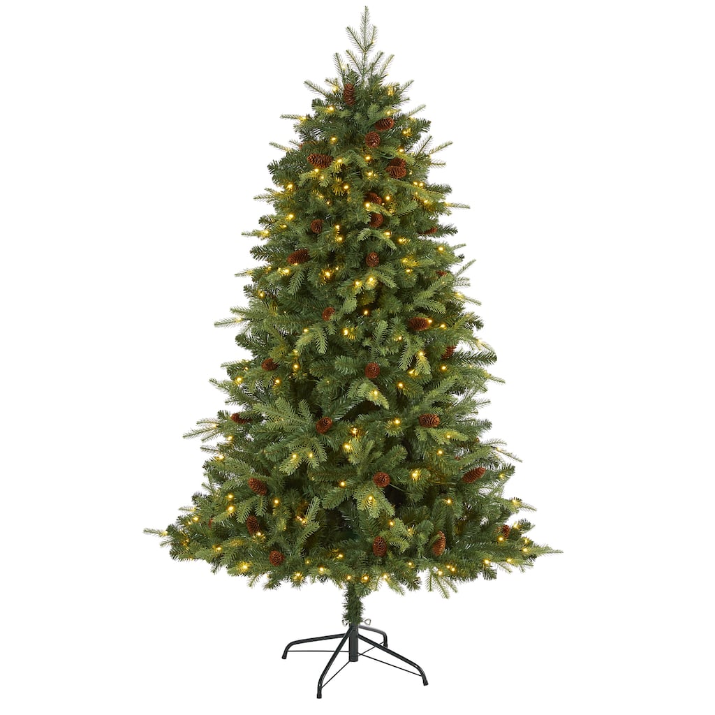 6' Wellington Spruce "Natural Look" Artificial Christmas Tree with 300 Clear LED Lights and Pine Cones