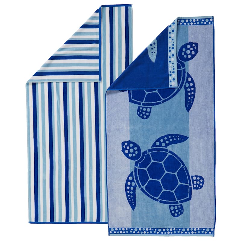 Linery & Co. 100% Cotton Jacquard 2 Pack Summer Beach Towels - 2 Pack- 30" x 60" - Turtles / Stripe