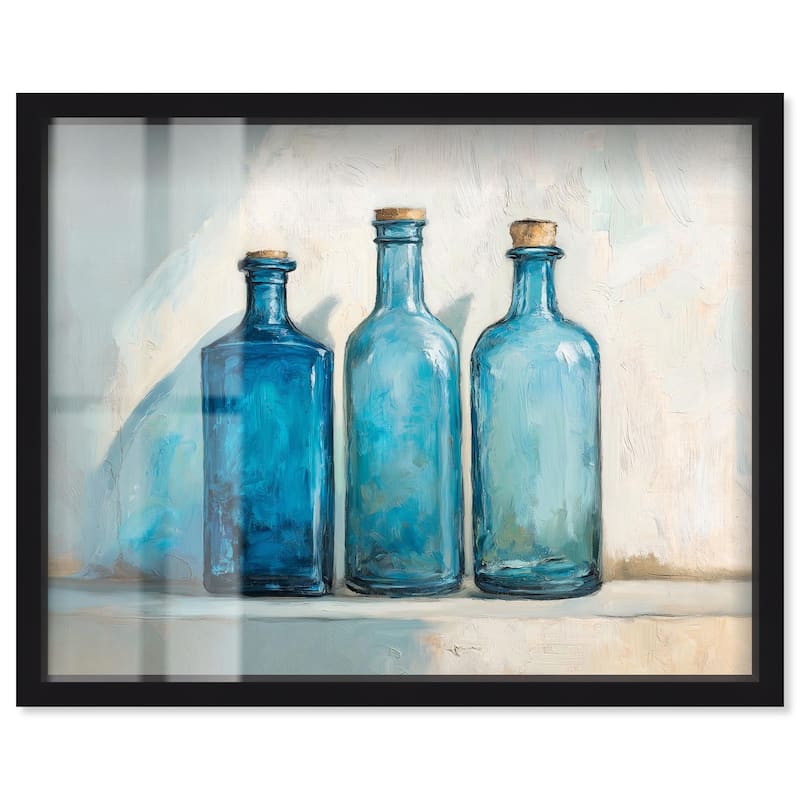 Three Blue Bottles Shadowbox by Art Remedy - Black - 36" x 30"