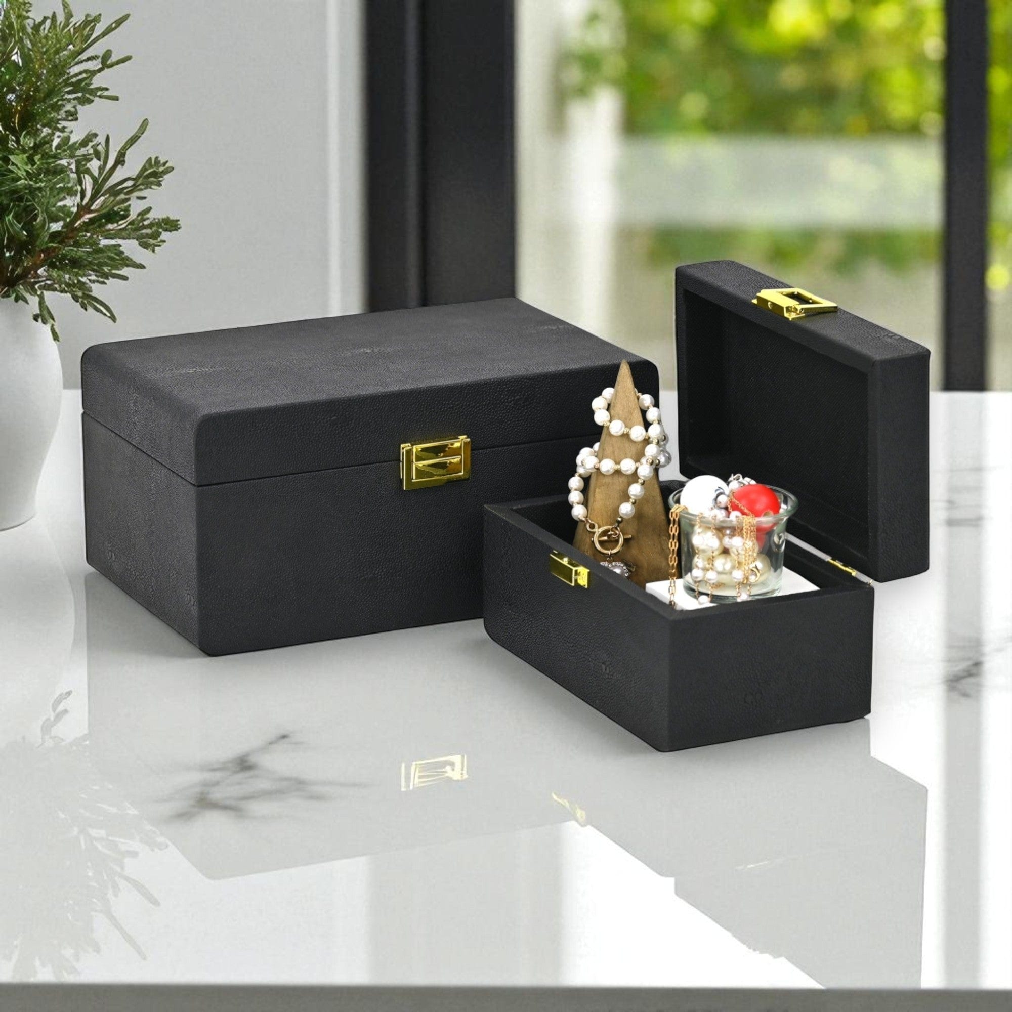 Alethea Set of 2 Rectangular Decorative Storage Boxes - Black Faux Shagreen - N/A