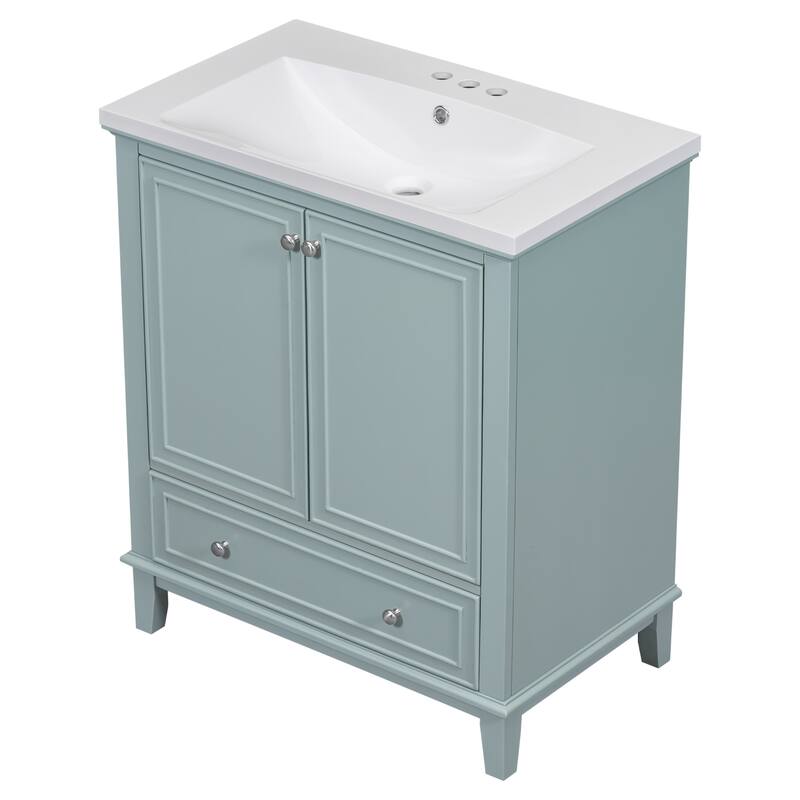 Bathroom Vanity with Ceramic Sink, Solid Wood & MDF Base, 1 Drawer & 2 Doors, Adjustable Shelf - 30in L Solid Wood+MDF