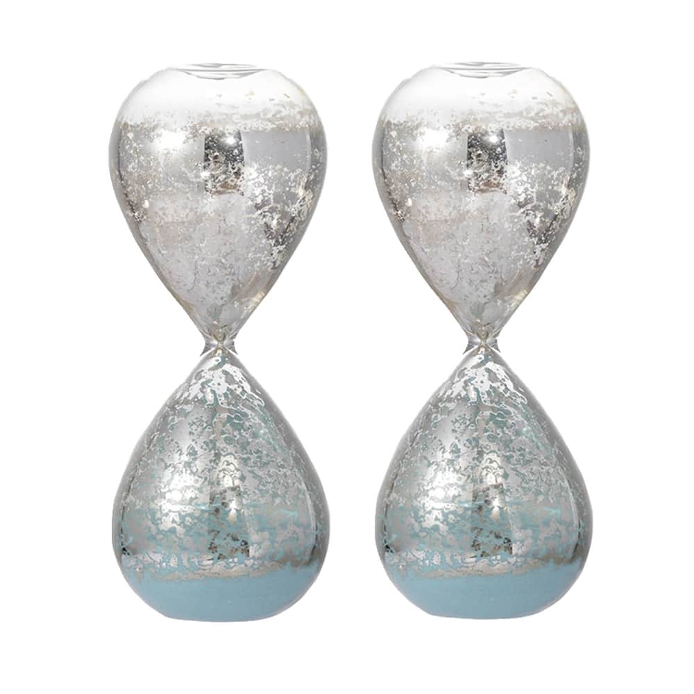 Set of 2, 3.2x3.2x8" Peleus 30-Minute Silvered Hourglass, Jade Sand