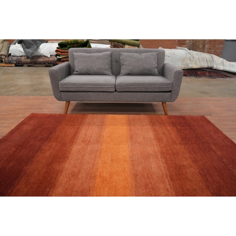 Hand Knotted Oriental 100% Wool Carpet Modern Stripe Oranges & Rust Gabbeh Area Rug - 7' 7'' X 5' 2''