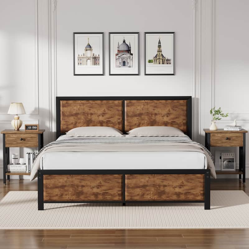 VECELO 3-Pieces Bedroom Sets, Platform Bed with Headboard and Set of 2 Nightstands