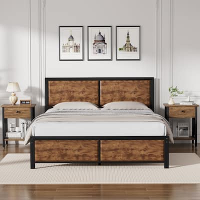 VECELO 3-Pieces Bedroom Sets, Platform Bed with Headboard and Set of 2 Nightstands