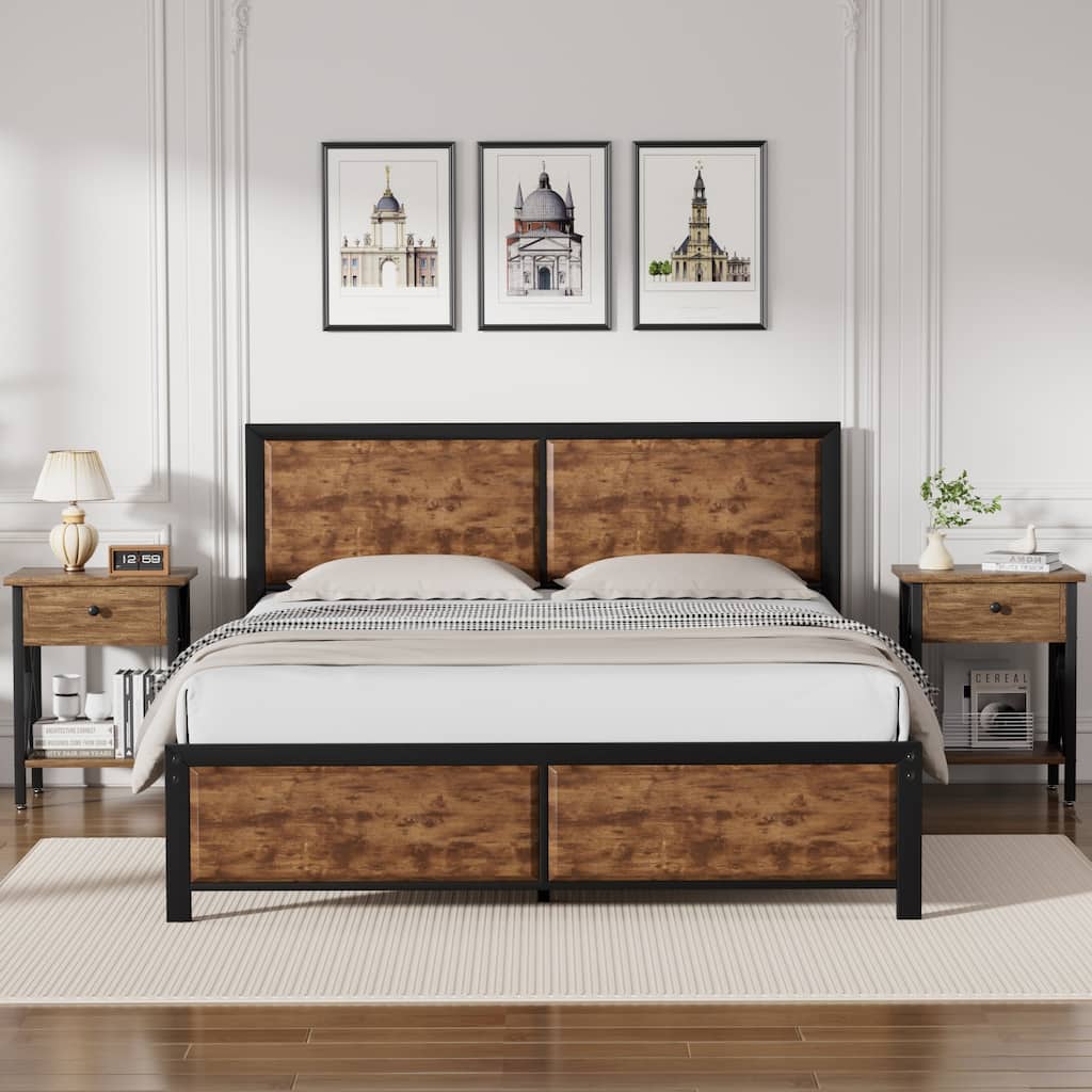 VECELO 3-Pieces Bedroom Sets, Platform Bed with Headboard and Set of 2 Nightstands