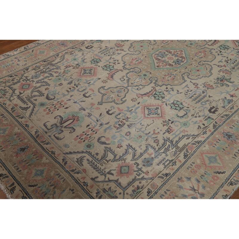 Beige Tabriz Persian Vintage Area Rug Hand-Knotted Wool Carpet - 6'6" x 9'9"