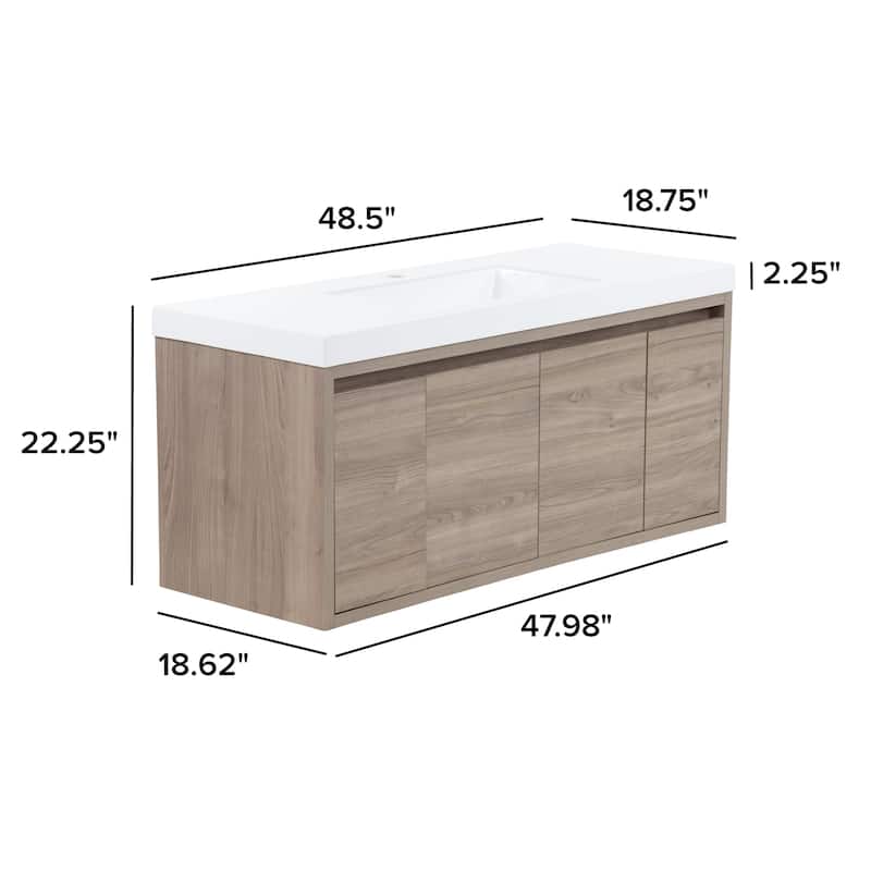 Kelby 48.5" Floating Bathroom Vanity With Cabinet, 2 Drawers, and White Sink Top