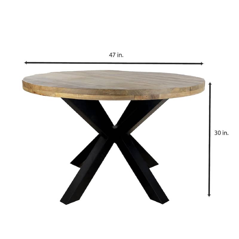 47" Diameter Industrial Round Dining Table with Solid Mango Wood Top and Black Iron Base - Brown