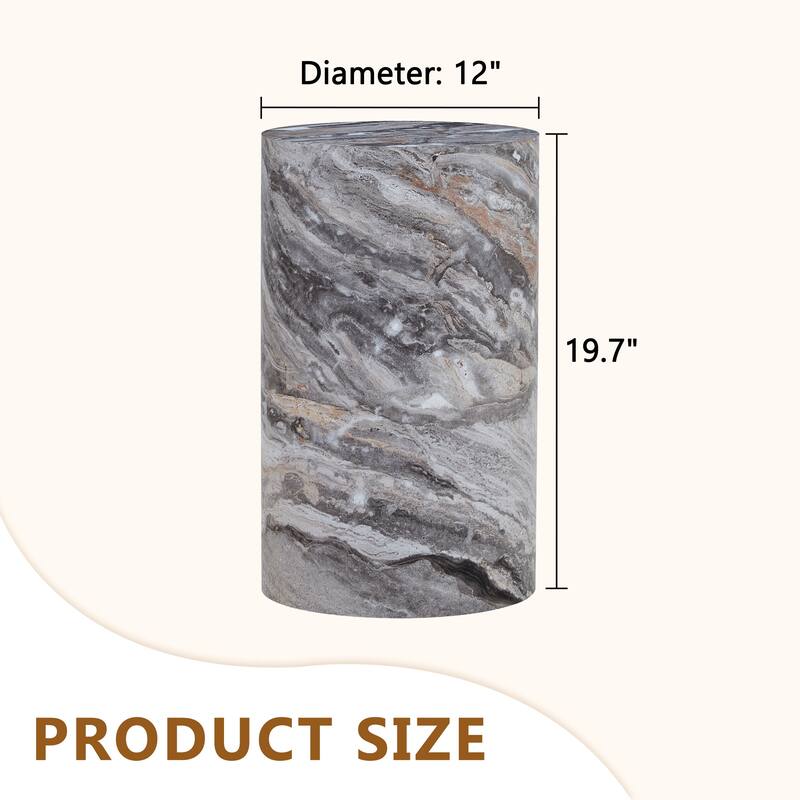 Roomfitters Cylindrical MDF Coffee Table with Gray Marble Finish, 12"x19.7" Industrial Style Accent Table, Gray