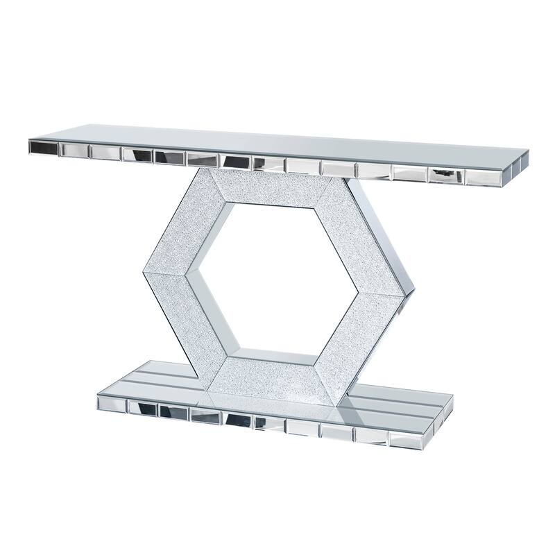 Crystal Hexagon Mirror Console Table Accent Table, Solid Wood Frame Entryway Table Foyer Table with Diamond Glass Effects