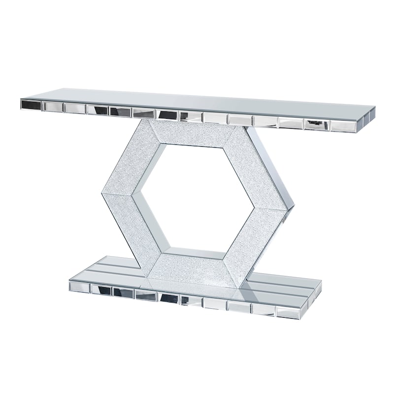 Sparkling Crystal Hexagon Mirror Entryway - Premium Modern Foyer Console Table, Dual-Tier Luxury Sofa Table