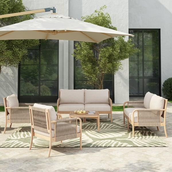 slide 2 of 18, Christopher Knight Home - CoastalRope Modern Outdoor Acacia Wood 7 Piece Conversation Set with Rope Woven Arms LIGHT TEAK+BEIGE ROPE+BEIGE CUSHION