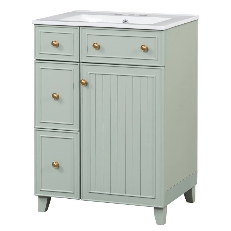 24 Inch Bathroom Vanity Cabinet with Ceramic Sink, 2 Drawers & Door, Bathroom Storage Cabinet Free-standing Single Sink Cabinet