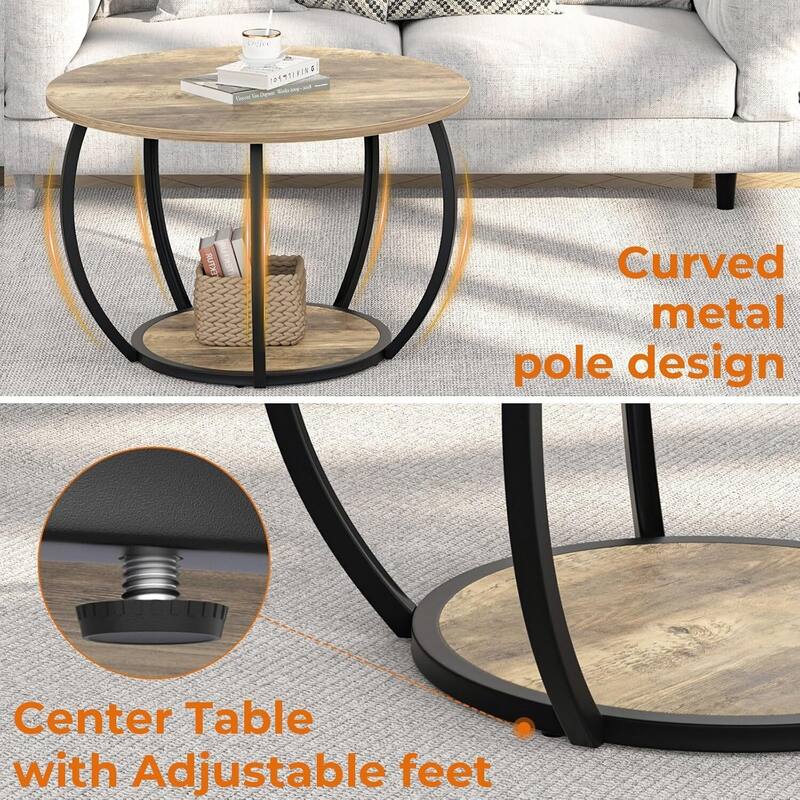 Round Farmhouse Coffee Table w/Storage & Adj. Feet for Small Spaces
