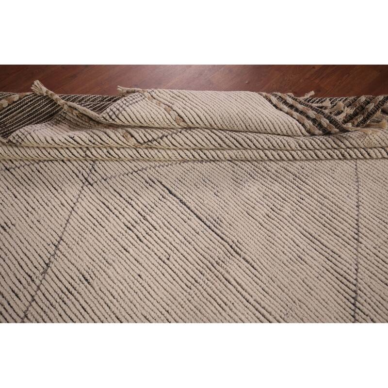 All-Over Ivory Moroccan Modern Area Rug Hand-Knotted Wool Carpet - 8'7"x 12'7"