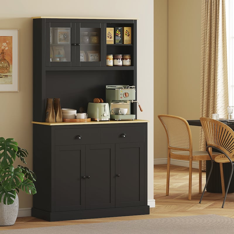 HOMCOM Kitchen Pantry Storage Cabinet with Microwave Stand, 71" Modern Kitchen Hutch with Glass Doors, Storage Drawers - Black