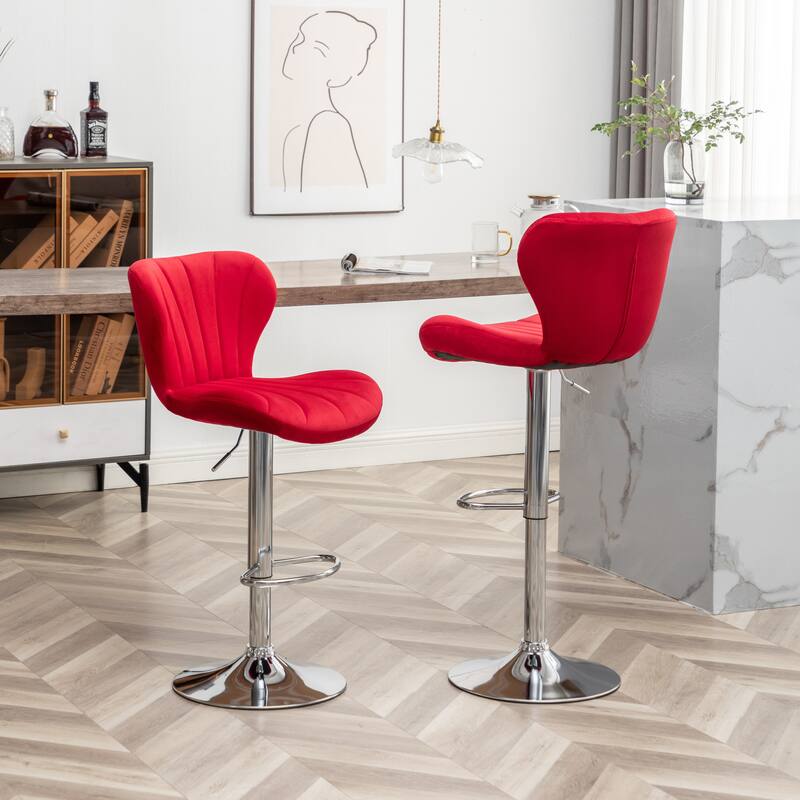 Set of 2 Adjustable Swivel Barstools with Upholstered Bucket Seats and Chrome Footrest.