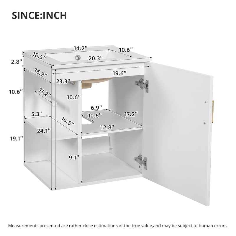 20" Small Floating Bathroom Vanity with Ceramic Sink Combo, Wall Mounted Bathroom Cabinet with Side Shelf