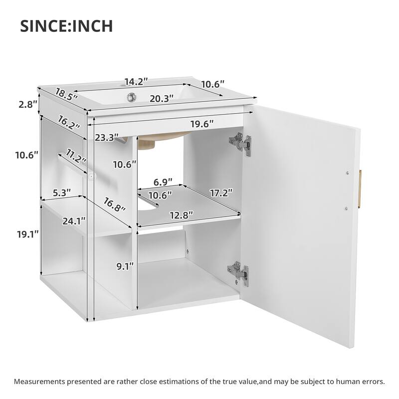 20" Wall Mounted Bathroom Vanity with Sink, Solid Wood & MDF Floating Cabinet, Side Shelf & Soft-Close Door