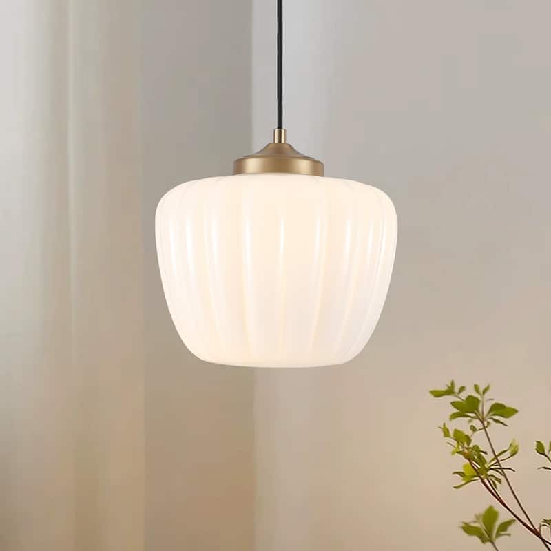 1-Light Matte Brass Pendant Lighting with Ribbed Glass Shade - Matte Brass - Matte Brass