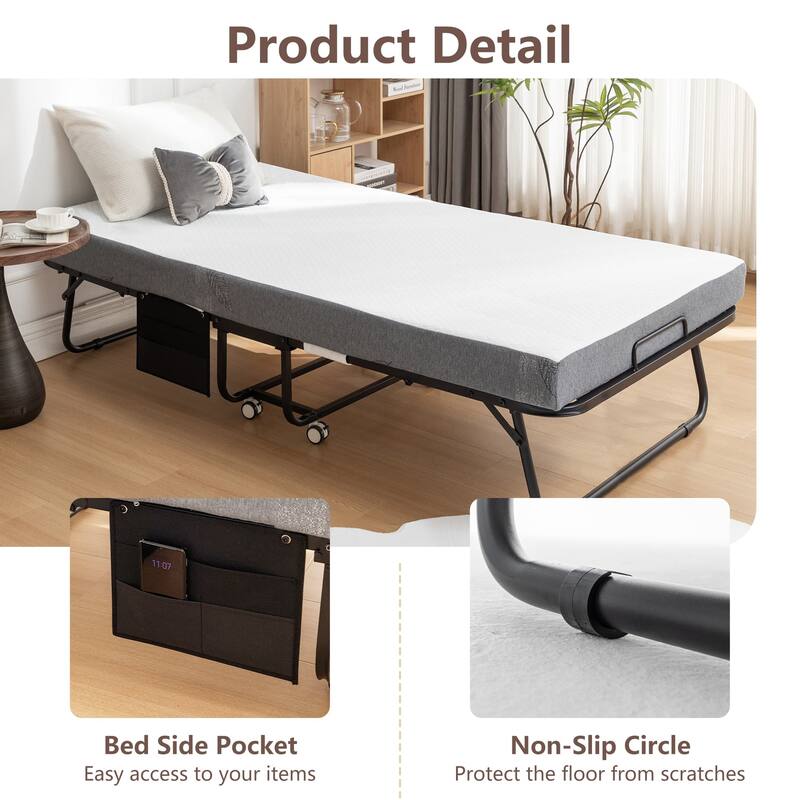 Portable Folding Bed Rollaway Bed with Memory Foam Mattress, Wheels