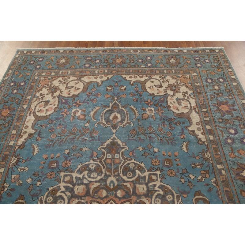 Over-Dyed Blue Tabriz Persian Vintage Rug Hand-Knotted Wool Carpet - 6'6"x 10'0"