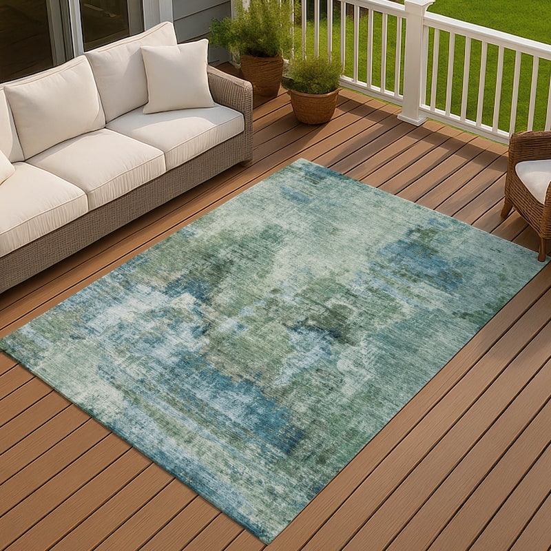 Machine Washable Indoor/ Outdoor Abstact Contemporary Chantille Rug - Teal - 9' x 12'