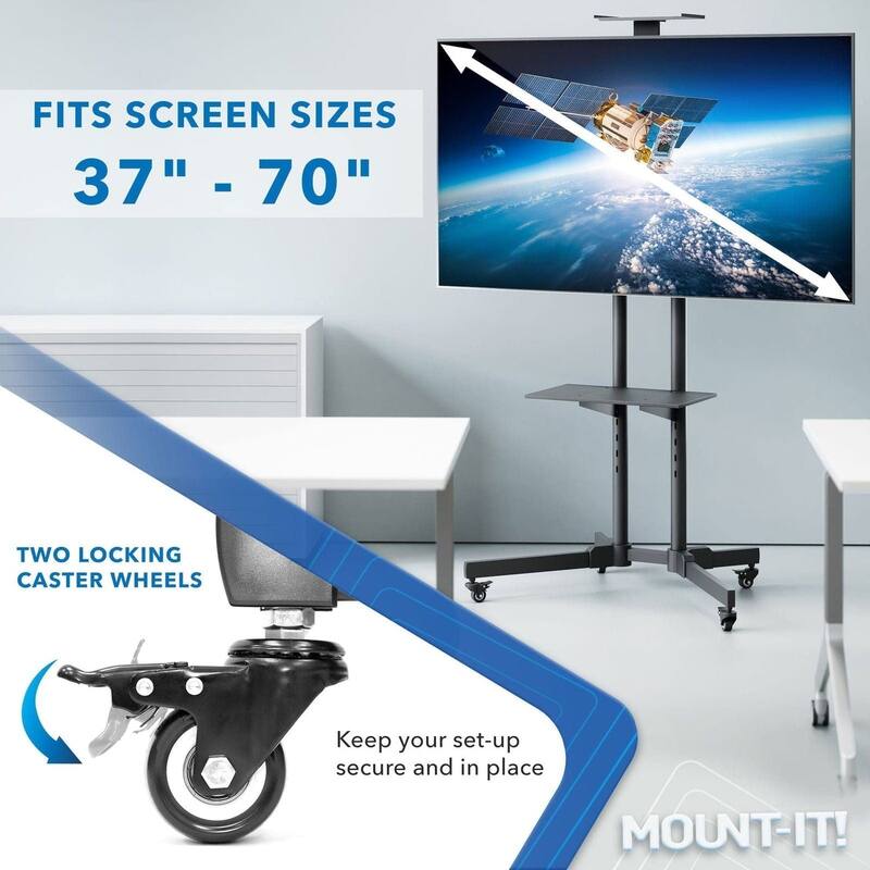 Mount-It! TV Cart Mobile TV Stand Wheeled and Height Adjustable with Rolling Casters and Shelf - Black